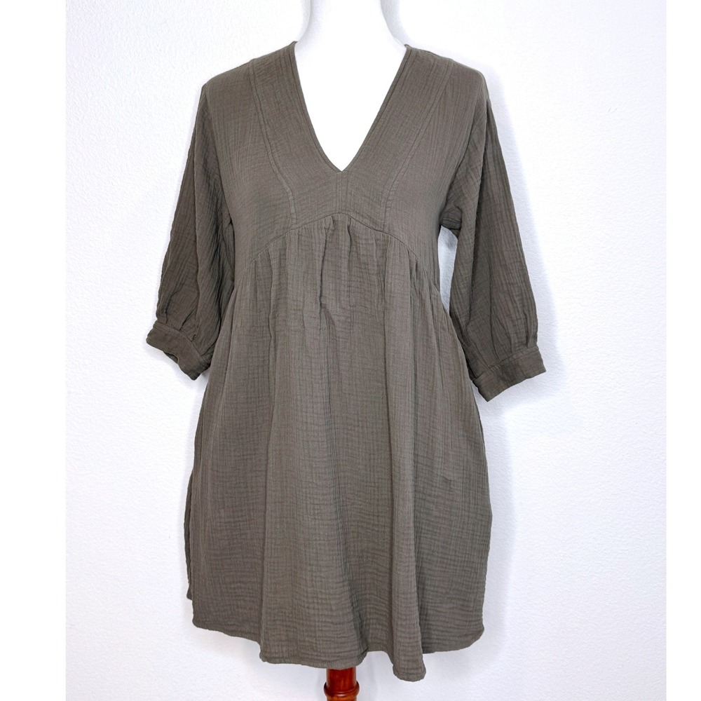MADEWELL 100% Cotton Gauze Mini Dress S Army Green Babydoll Pockets Coastal